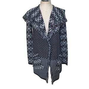 Leo & Nicole Black and White Geometric Knit Fringed Cardigan Sweater Size Small